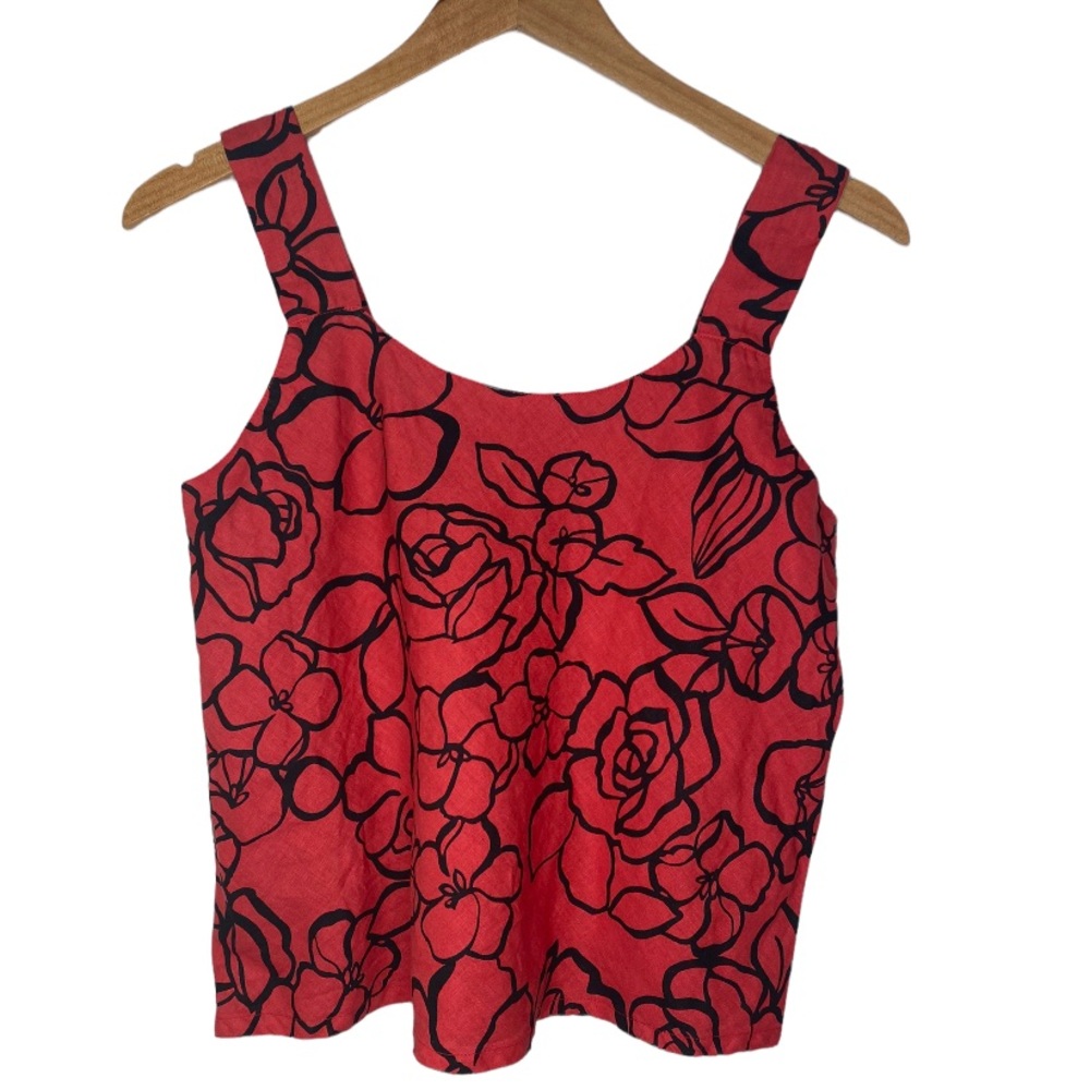Habitat Red Cropped Linen Blend Tank w/ Rose Abstract Print Size Medium